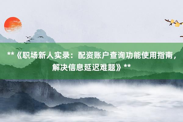 **《职场新人实录：配资账户查询功能使用指南，解决信息延迟难题》**